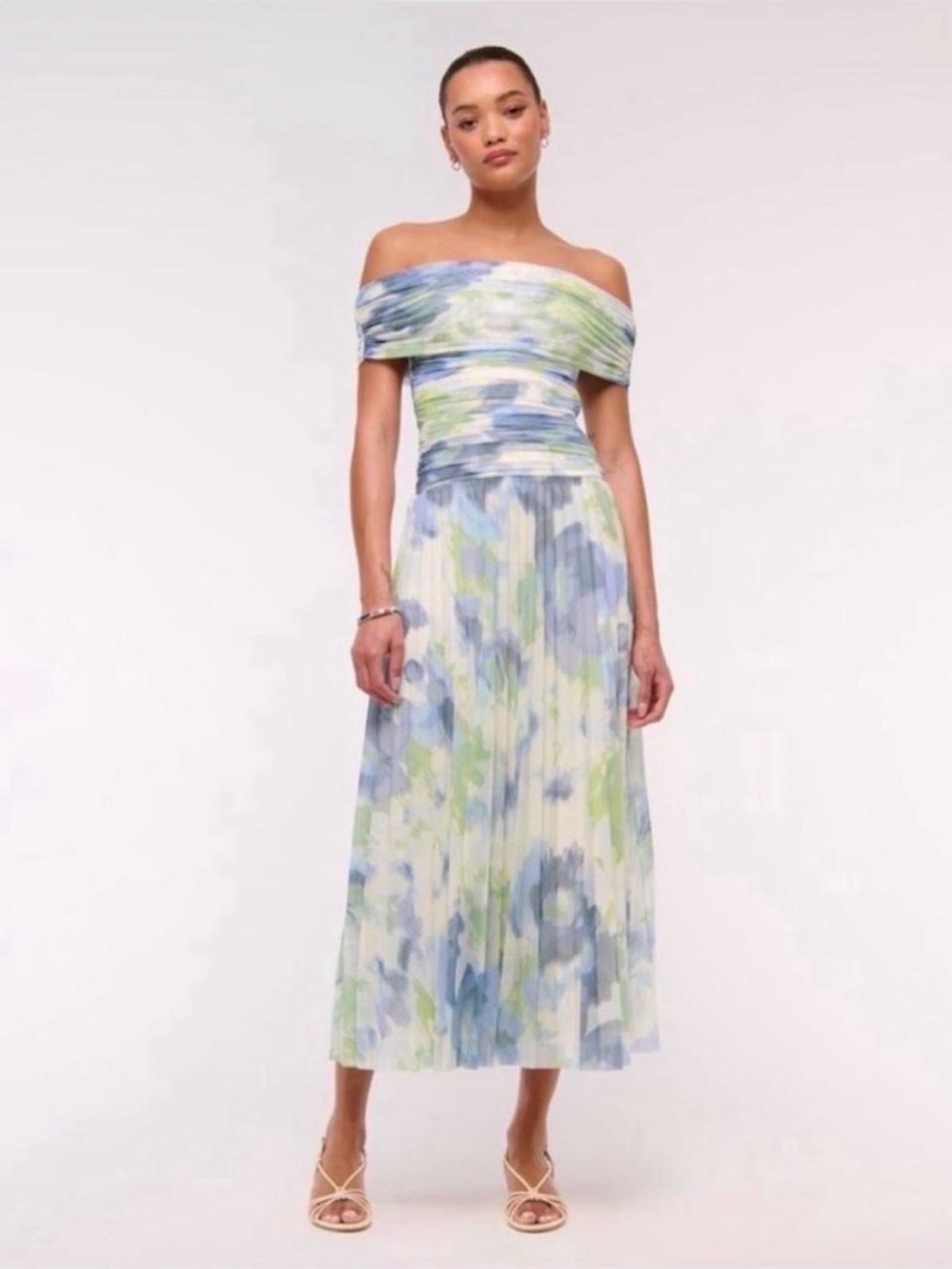 Abercrombie & Fitch Giselle Drop-Waist Mesh Maxi Dress Blue Green